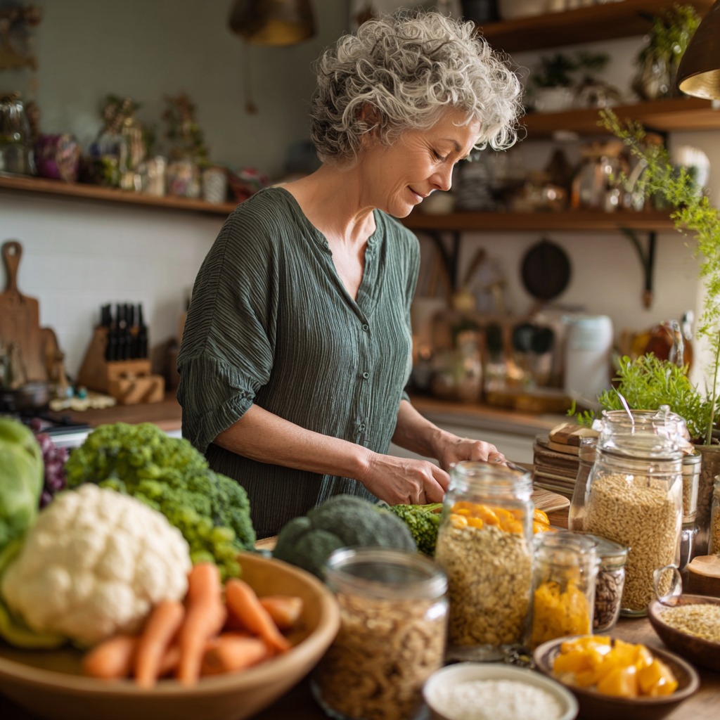 Mature woman preparing healthy meal in kitchen with fresh vegetables and grains