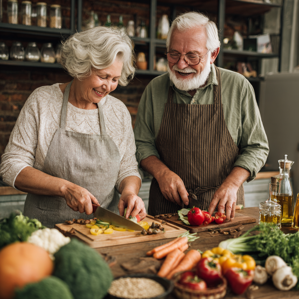 Senior couple cooking together healthy meal with colorful vegetables and whole grains